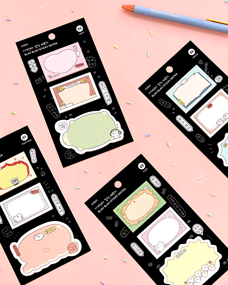 "meta_description": "Discover stylish Sticky Notes with ICONIC Blah Blah design for fun organization.",