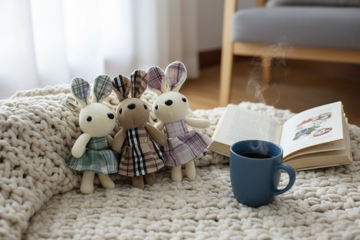 Handmade Checkered Dress Bunny Keyring - Dolls