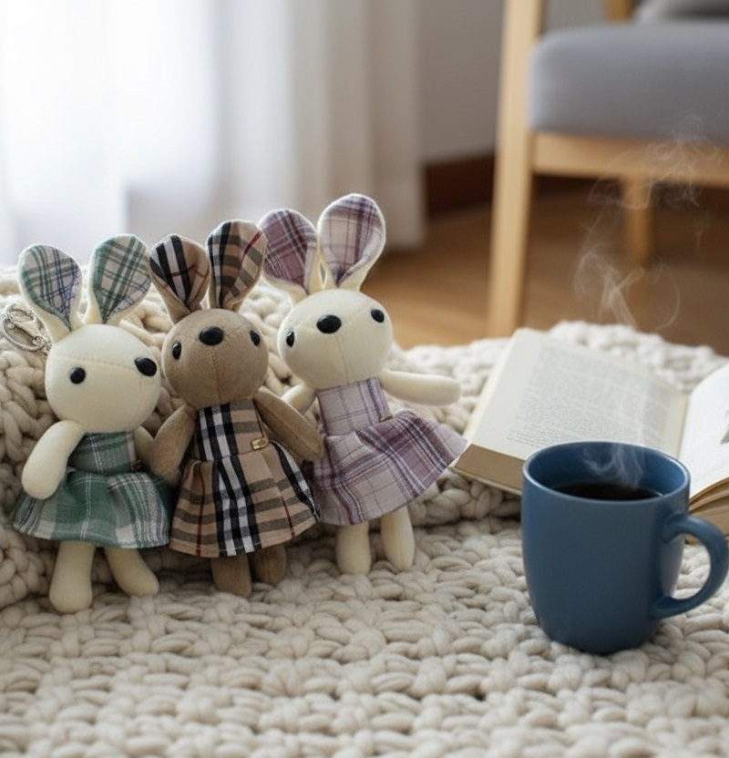 Handmade Checkered Dress Bunny Keyring - Dolls