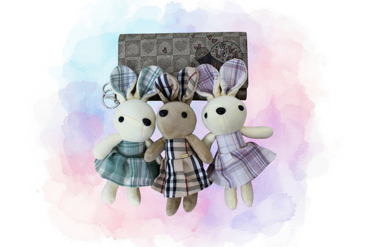Handmade Checkered Dress Bunny Keyring - Dolls - View 4
