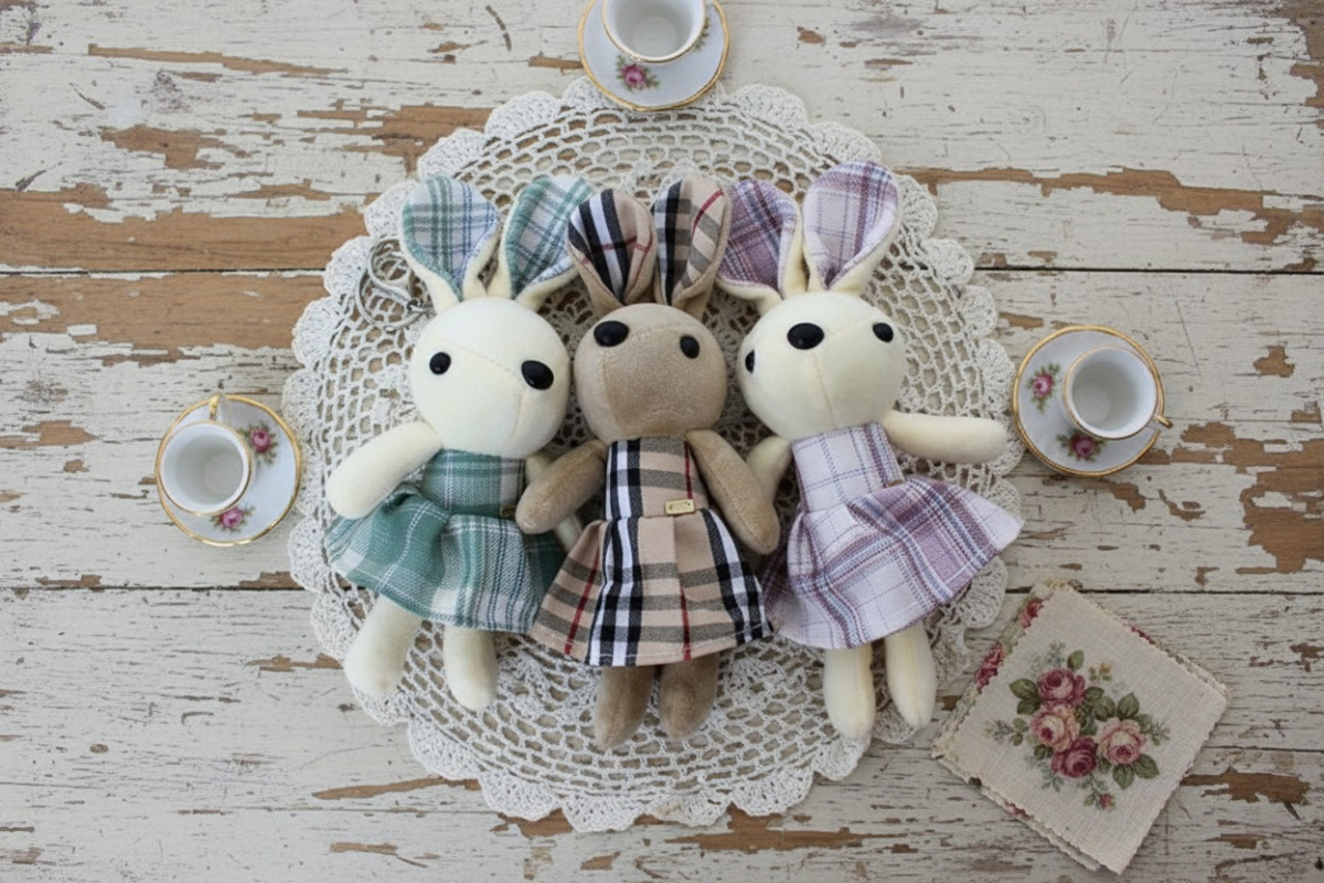 Handmade Checkered Dress Bunny Keyring - Dolls - View 1