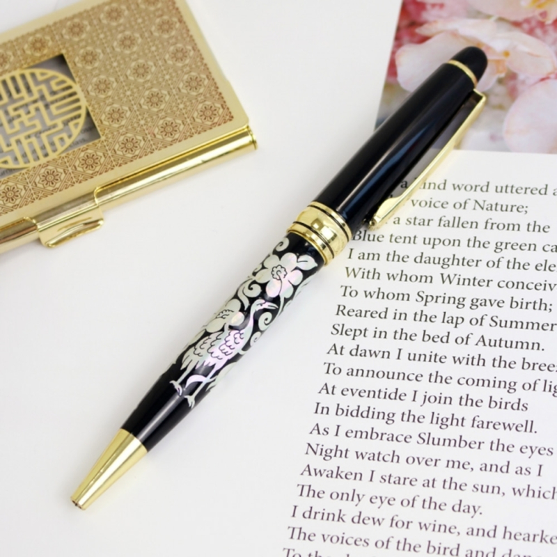 Korean Traditional Mother-of-Pearl Ballpoint Pen Flower & Crane