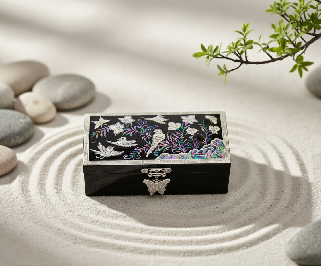 Star Gift Mother-of-Pearl 1-Tier Jewelry Box [lacquer inlay – Flower and Bird Design]