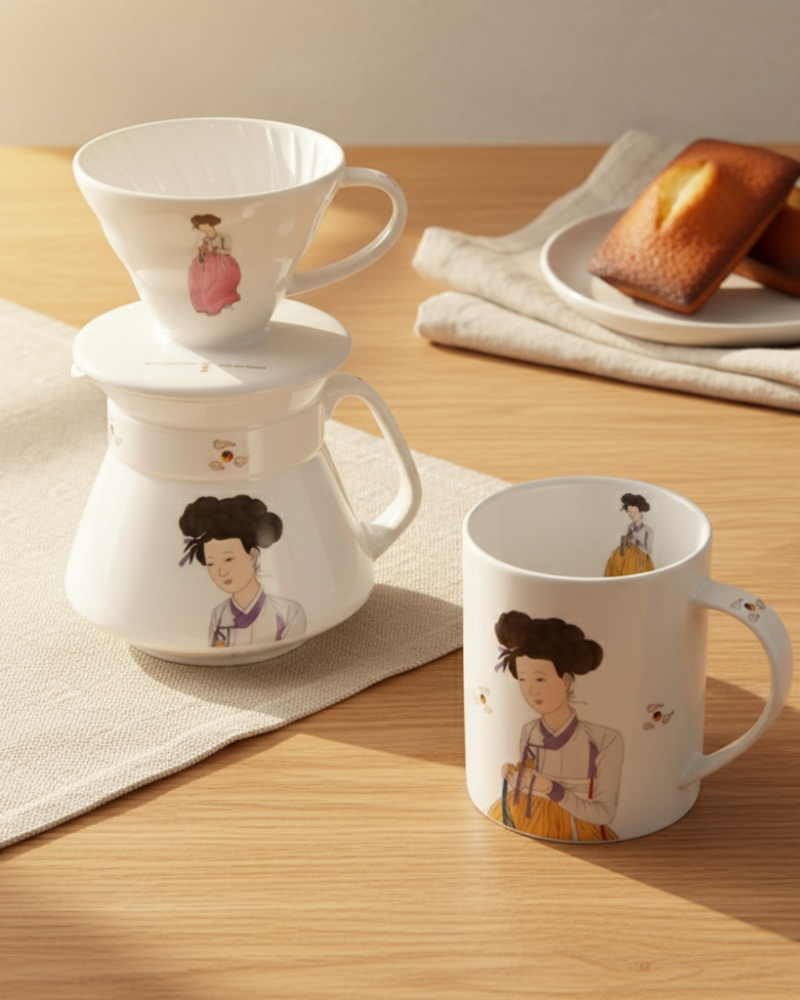 Shin Yun-bok “Portrait of a Beauty” Traditional Technique Ceramic Coffee Set