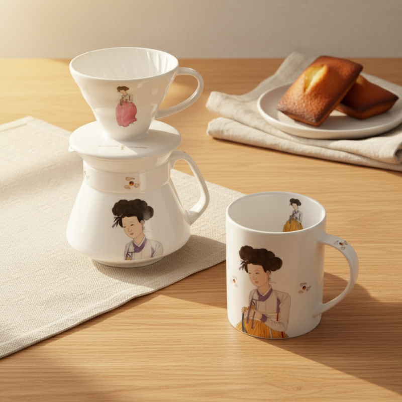 Shin Yun-bok “Portrait of a Beauty” Traditional Technique Ceramic Coffee Set
