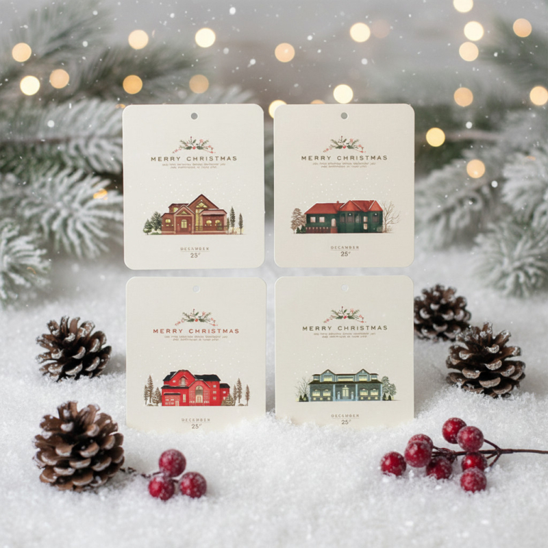 Christmas Tag Set – Snow Village (2 Sets, Total 8 Tags)