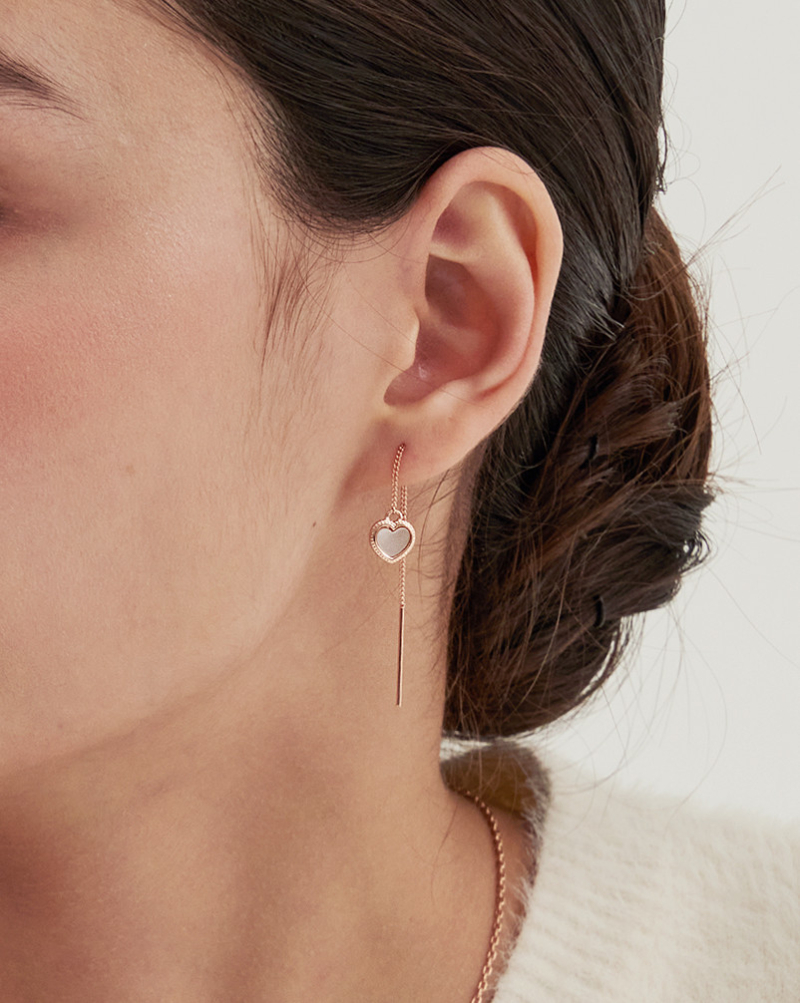 Rosy Heart Drop Earrings with Mother-of-Pearl Setting