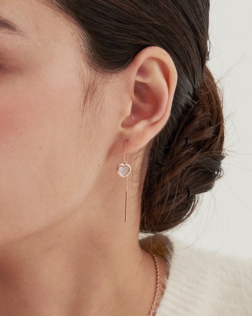 Rosy Heart Drop Earrings with Mother-of-Pearl Setting