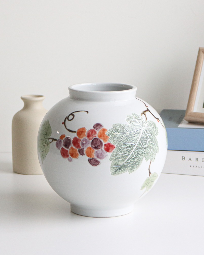 Korean Baekja White Porcelain Jar with Stippled Grape Design