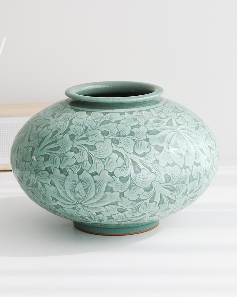 Korean Celadon Arabesque Low Jar - Traditional Goryeo Style