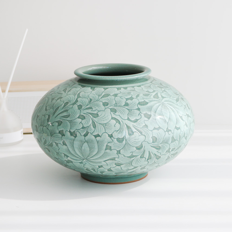 Korean Celadon Arabesque Low Jar - Traditional Goryeo Style