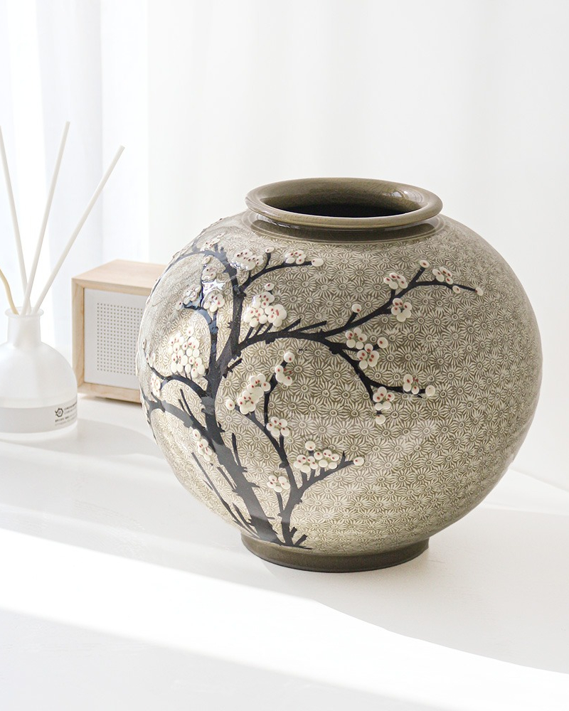 Korean Buncheong Plum Blossom Stamped Pattern Ceramic Jar (Small)