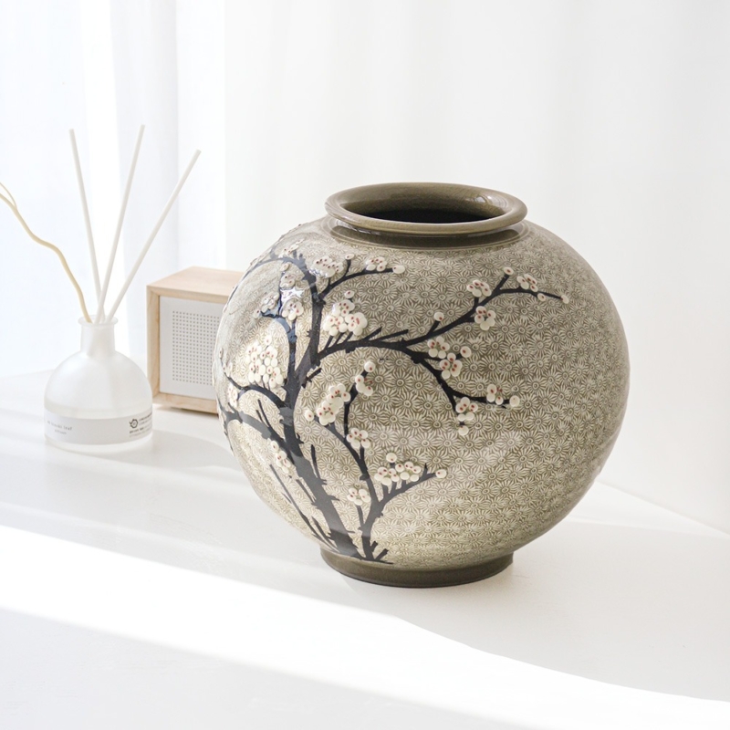 Korean Buncheong Plum Blossom Stamped Pattern Ceramic Jar (Small)