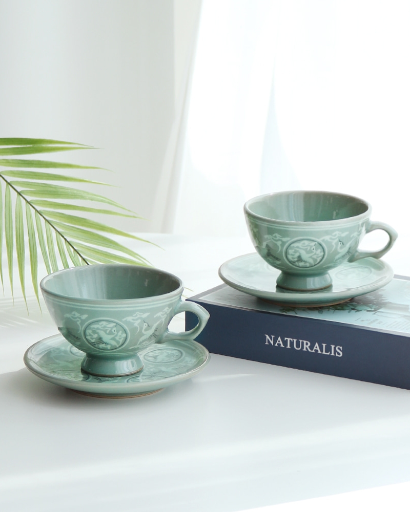 Korean Celadon Coffee Cup Set 2pcs - Crane in Clouds by Master Kim Sung-tae (Songbung)