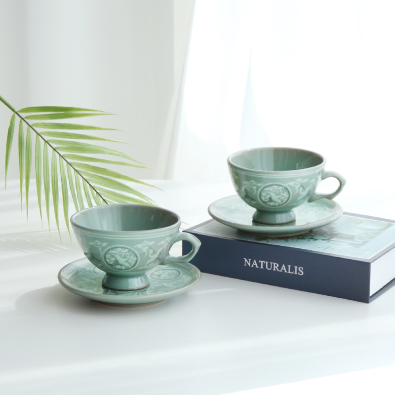 Korean Celadon Coffee Cup Set 2pcs - Crane in Clouds by Master Kim Sung-tae (Songbung)