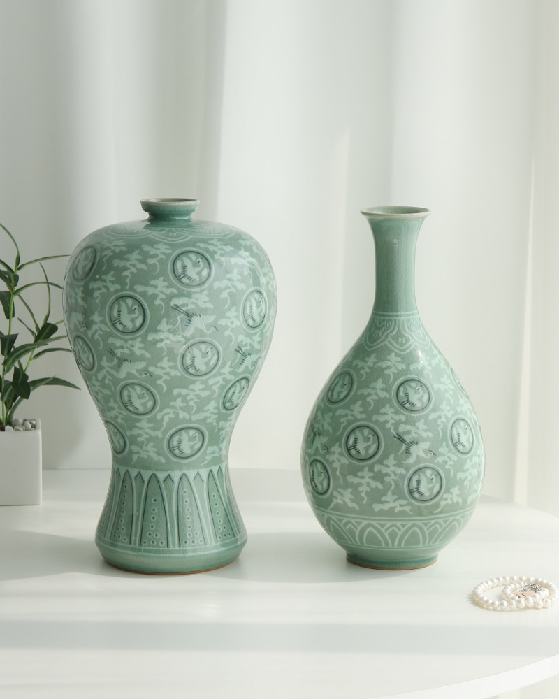 Korean Celadon Crane Cloud Plum Vase Set (Medium D, 36cm) - Traditional Sanggam Inlay