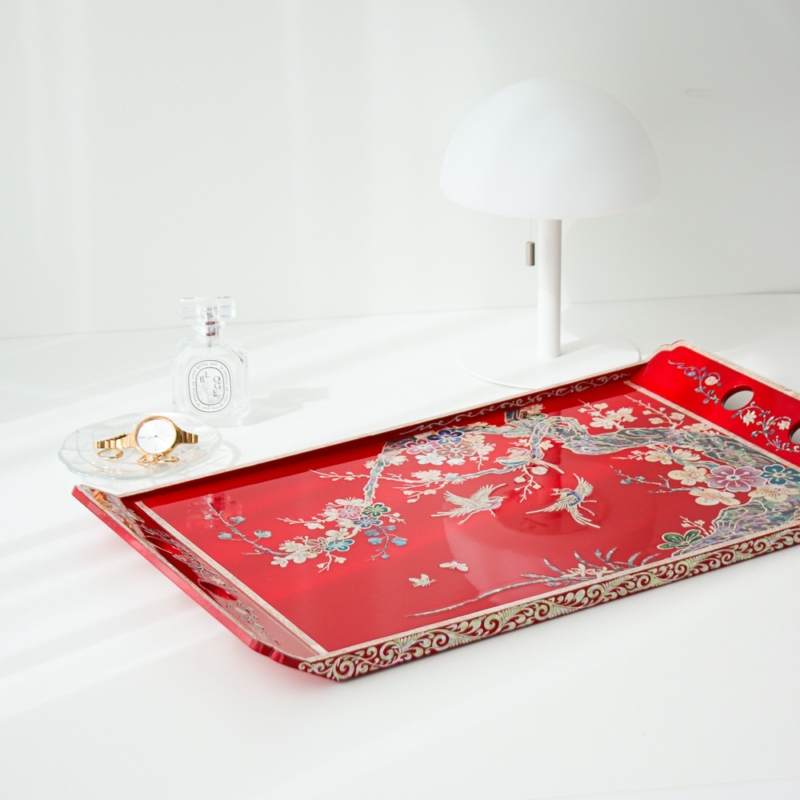 Korean Najeonchilgi Mother of Pearl Plum Blossom Serving Tray with Handles (Large)