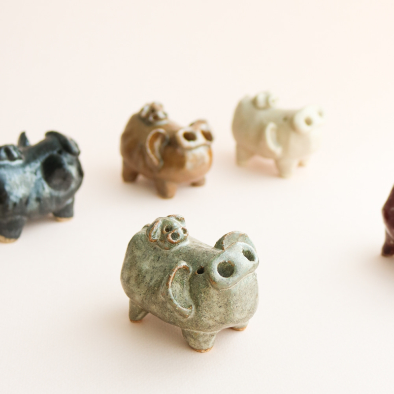 Ceramic Lucky Pig Father and Baby Figurine - Handcrafted Korean Folk Art
