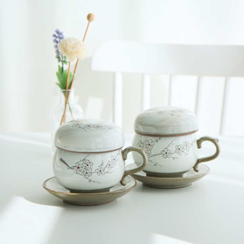Buncheong White Inlay Plum Blossom Tea Cup Set for One