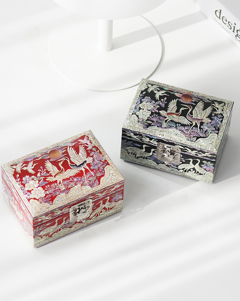 Korean Najeonchilgi Mother of Pearl Crane Pine Mini Jewelry Box 12cm