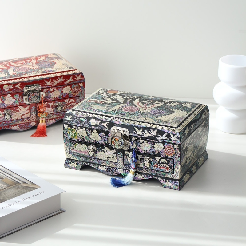Korean Langjae Najeonchilgi Mother of Pearl Crane Extra Large Drawer Jewelry Box
