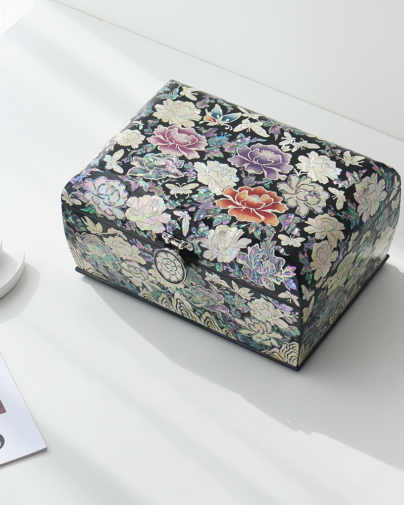 Korean Najeonchilgi Mother of Pearl Gorgeous Peony Rolling Jewelry Box 24cm