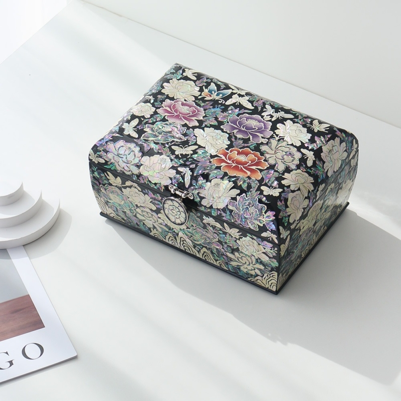 Korean Najeonchilgi Mother of Pearl Gorgeous Peony Rolling Jewelry Box 24cm