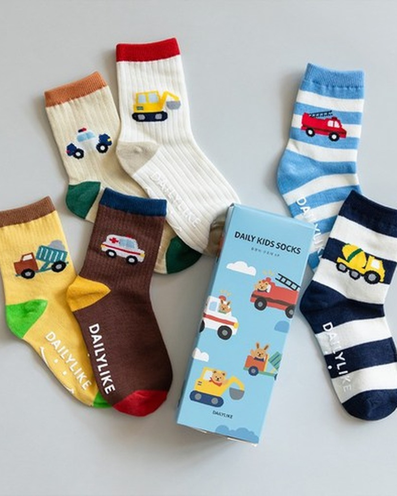 Dailylike Kids Socks 6 Pairs Set - Construction Vehicle Rescue Team