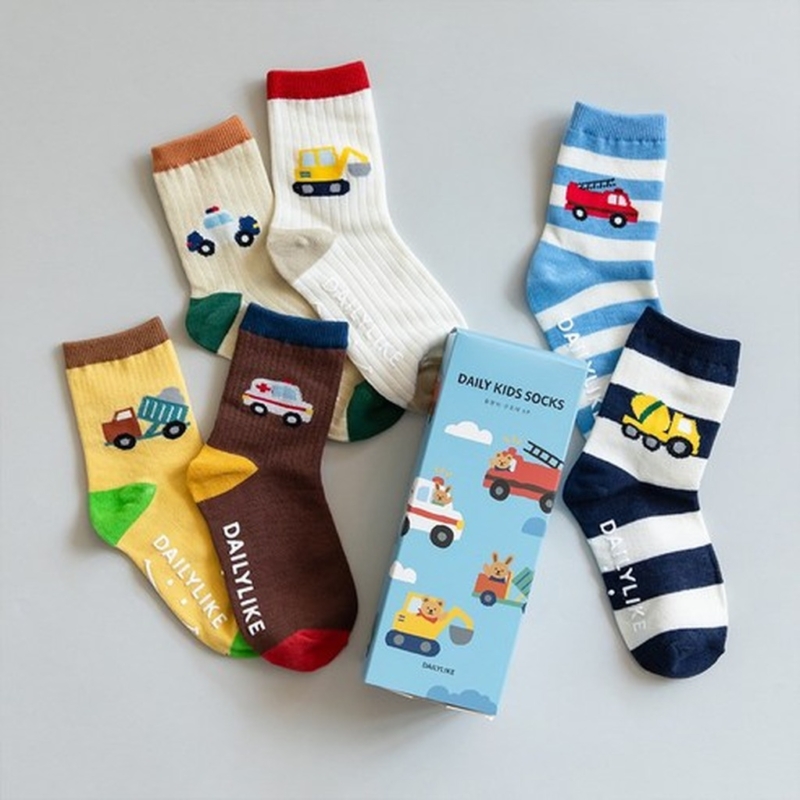 Dailylike Kids Socks 6 Pairs Set - Construction Vehicle Rescue Team