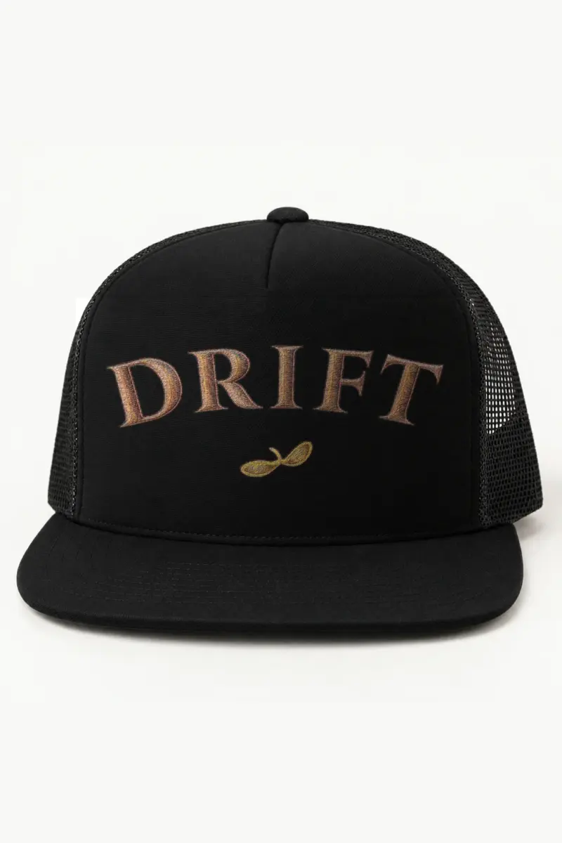 "Drift Infinity" 5 Panel Trucker Cap · Embroidered — black/cap-front