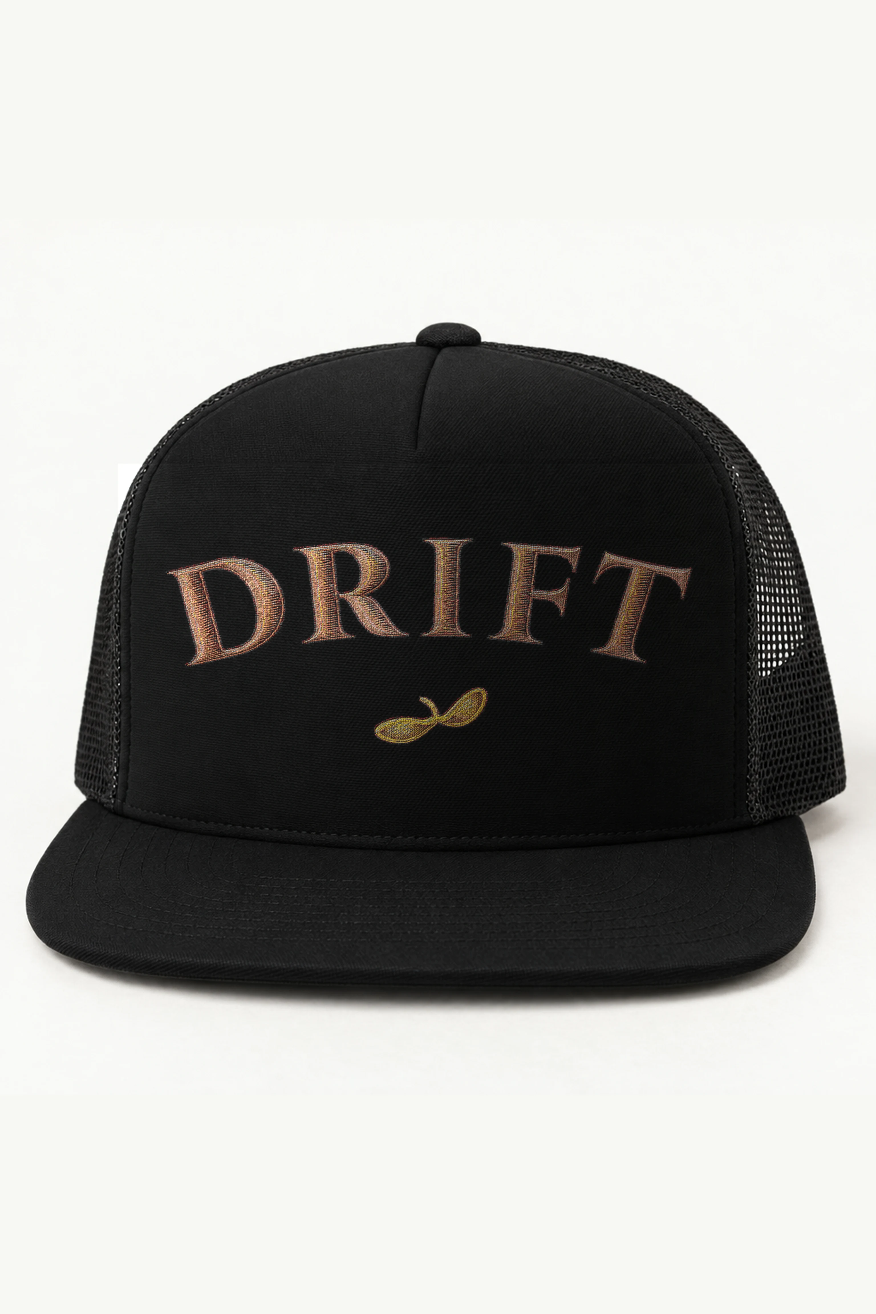 "Drift Infinity" 5 Panel Trucker Cap · Embroidered — black/cap-front