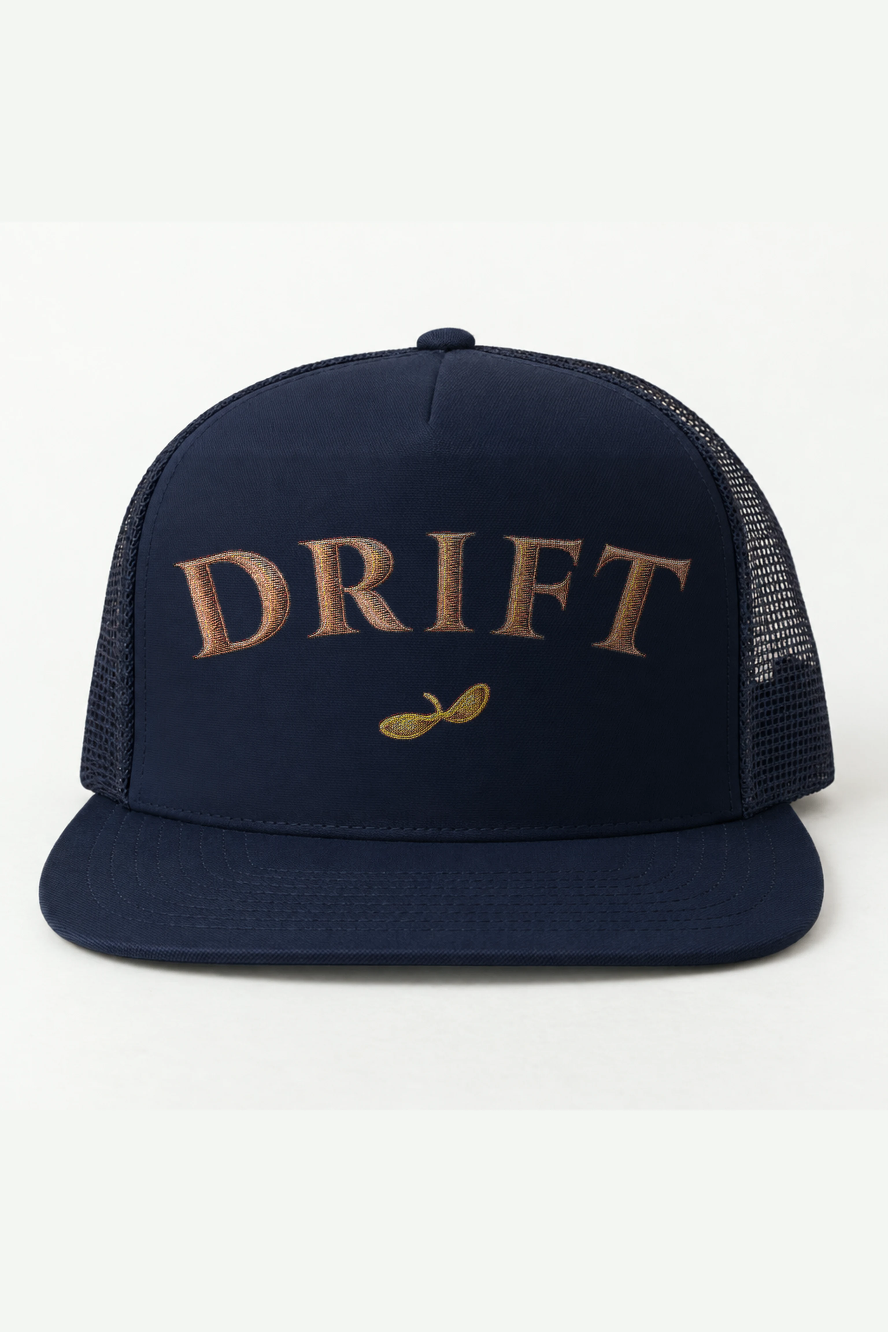 "Drift Infinity" 5 Panel Trucker Cap · Embroidered — navy/cap-front