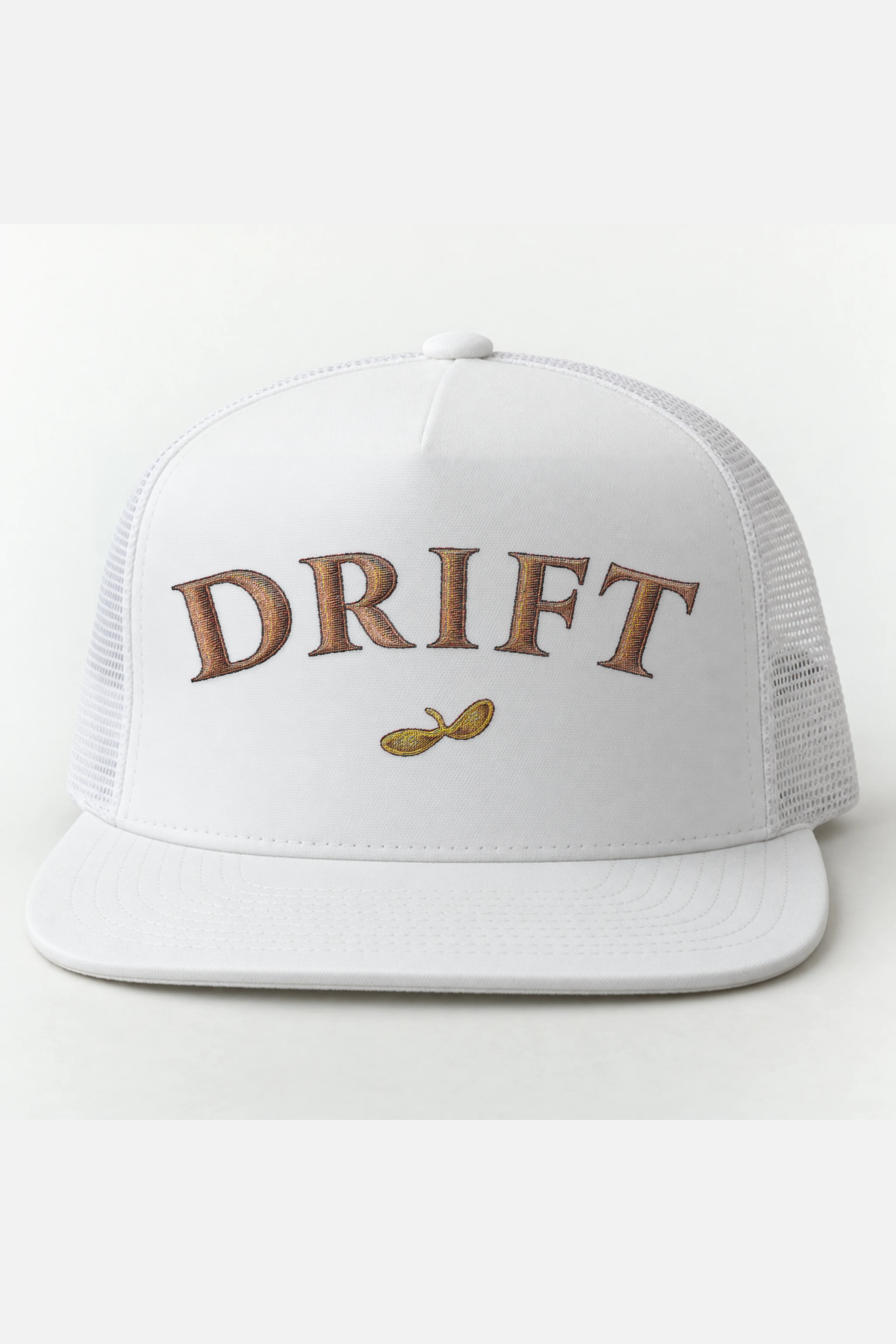 "Drift Infinity" 5 Panel Trucker Cap · Embroidered — white/cap-front