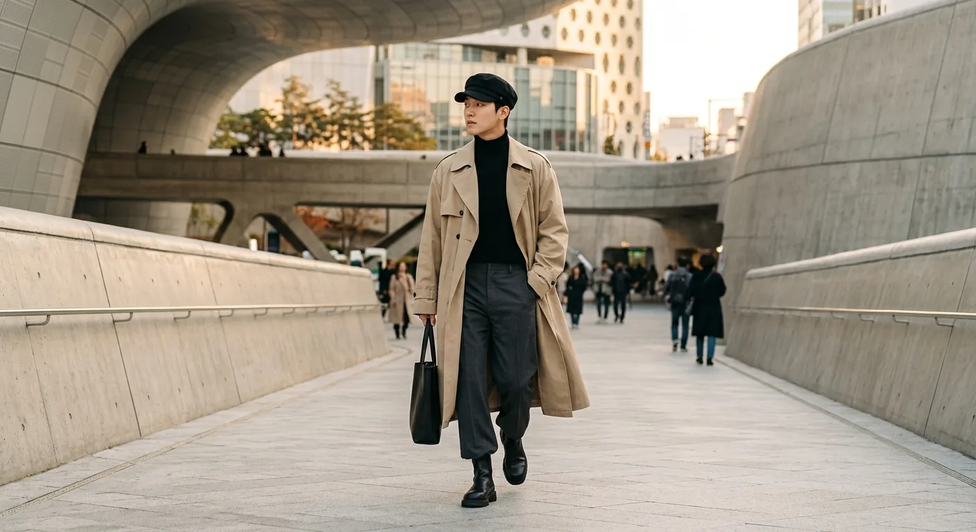 A stylish young man in Seoul wearing an oversized beige trench coat and a structured black hat cap, walking through a mo