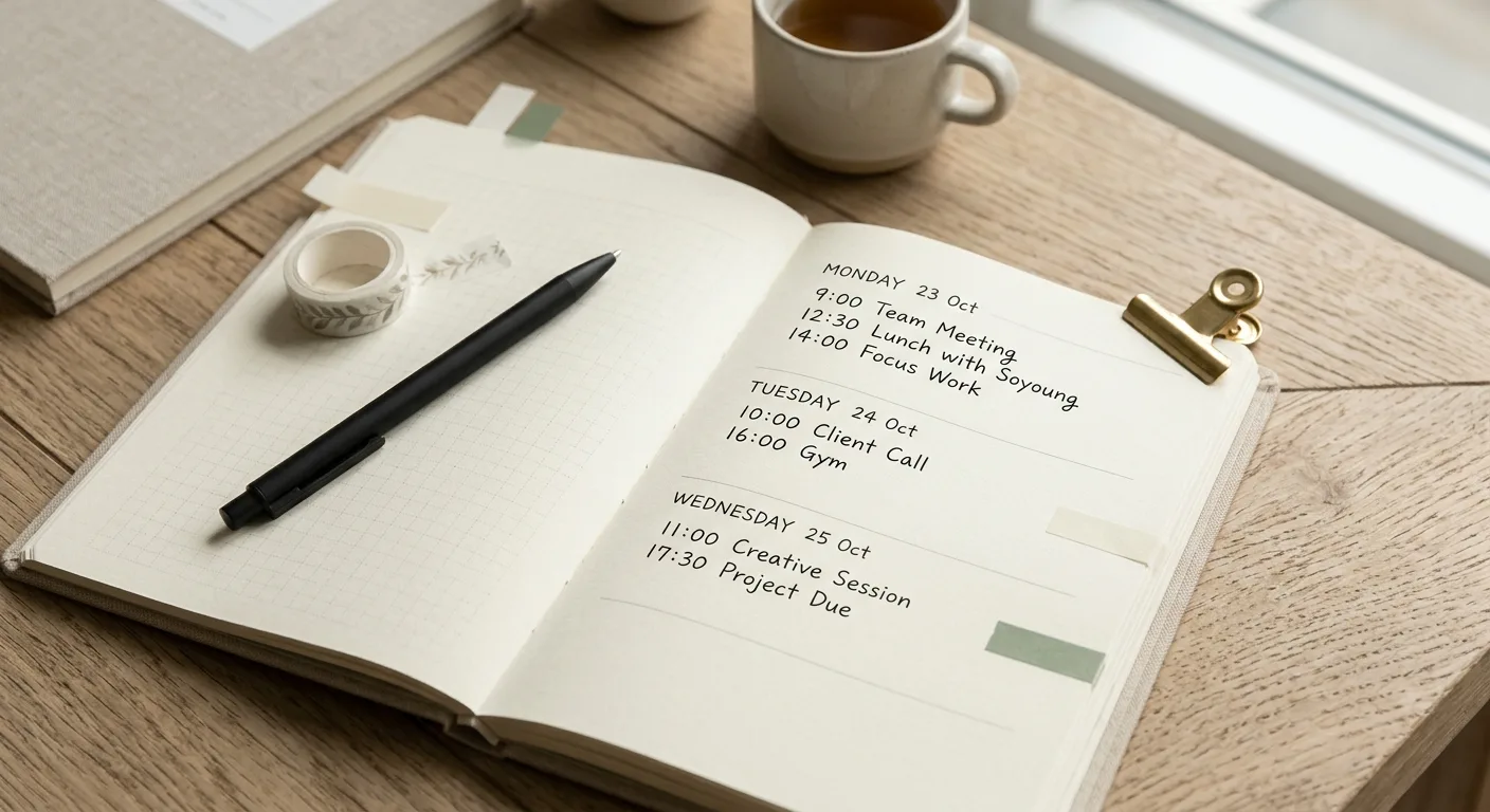 A close-up shot of 100gsm cream-colored paper in a planner, showing a neatly written weekly schedule with minimal ink gh