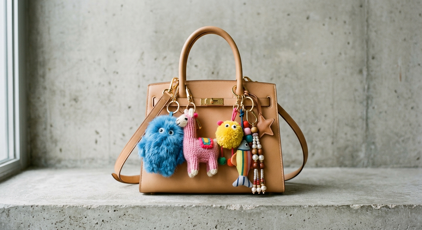 A close-up of a structured designer handbag adorned with multiple colorful plush keychains and artisanal charms, set aga