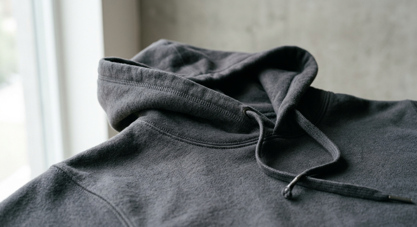 A close-up shot of the thick, high-quality texture of a 400 GSM cotton hoodie showing the double-lined hood and clean st