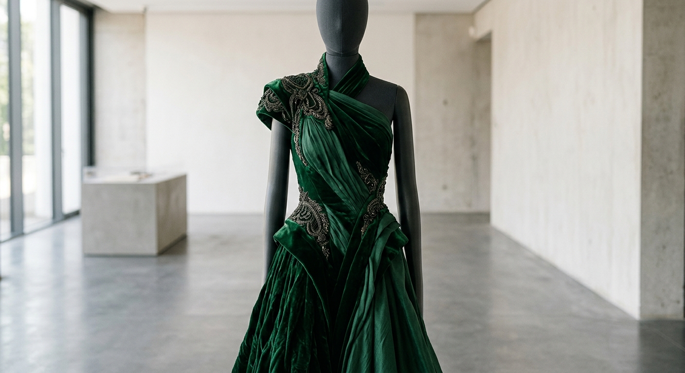 A close-up of a high-end archival designer gown from the 1990s displayed on a mannequin in a modern gallery.