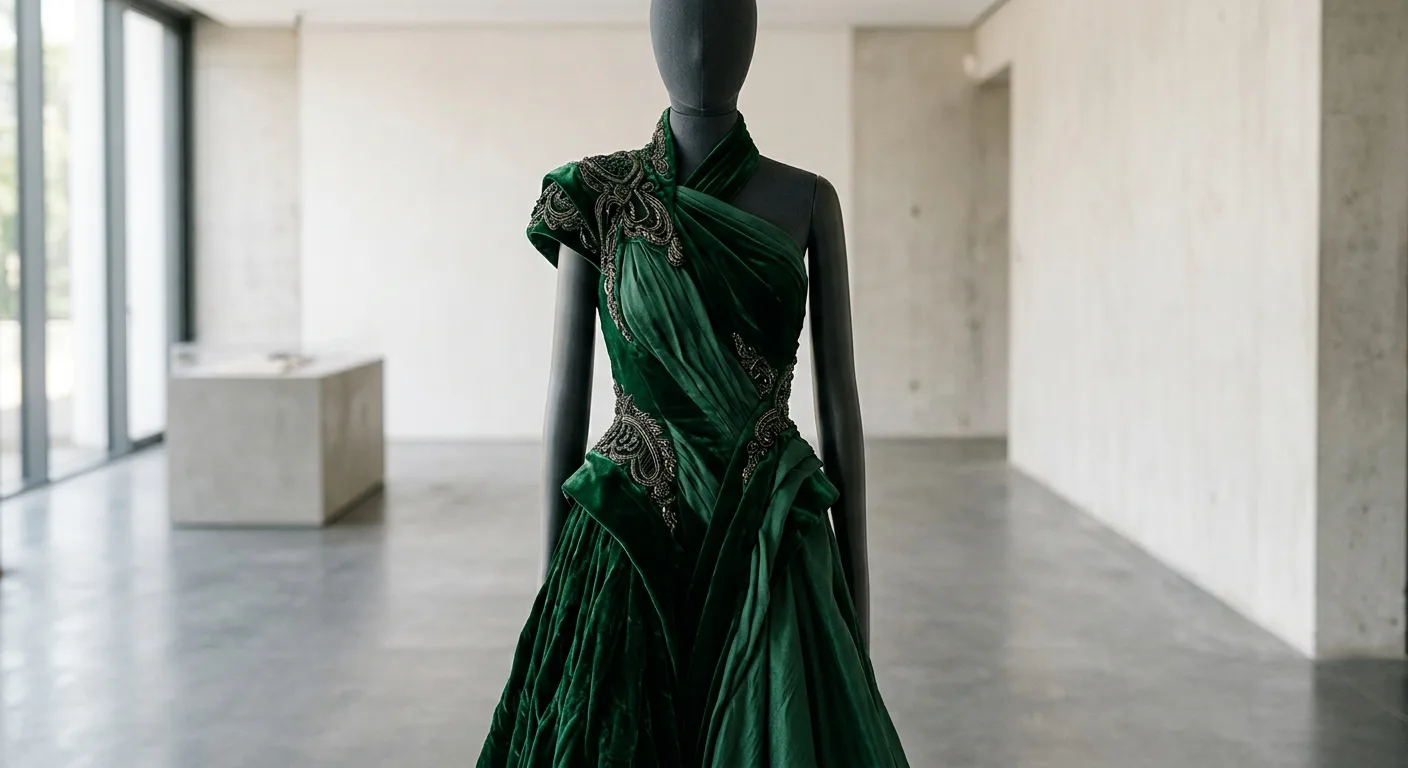 A close-up of a high-end archival designer gown from the 1990s displayed on a mannequin in a modern gallery.