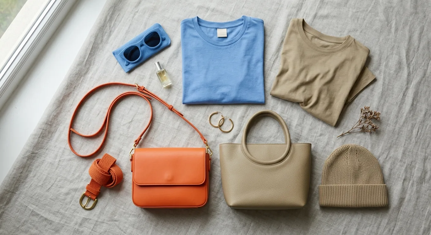 A flat-lay of sustainable fashion accessories including vegan leather bags and organic cotton t-shirts in a palette of L