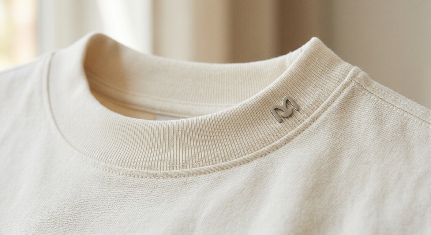 A close-up detail shot of a high-quality cotton t-shirt neckline showing a subtle metal logo accent and the thick, premi