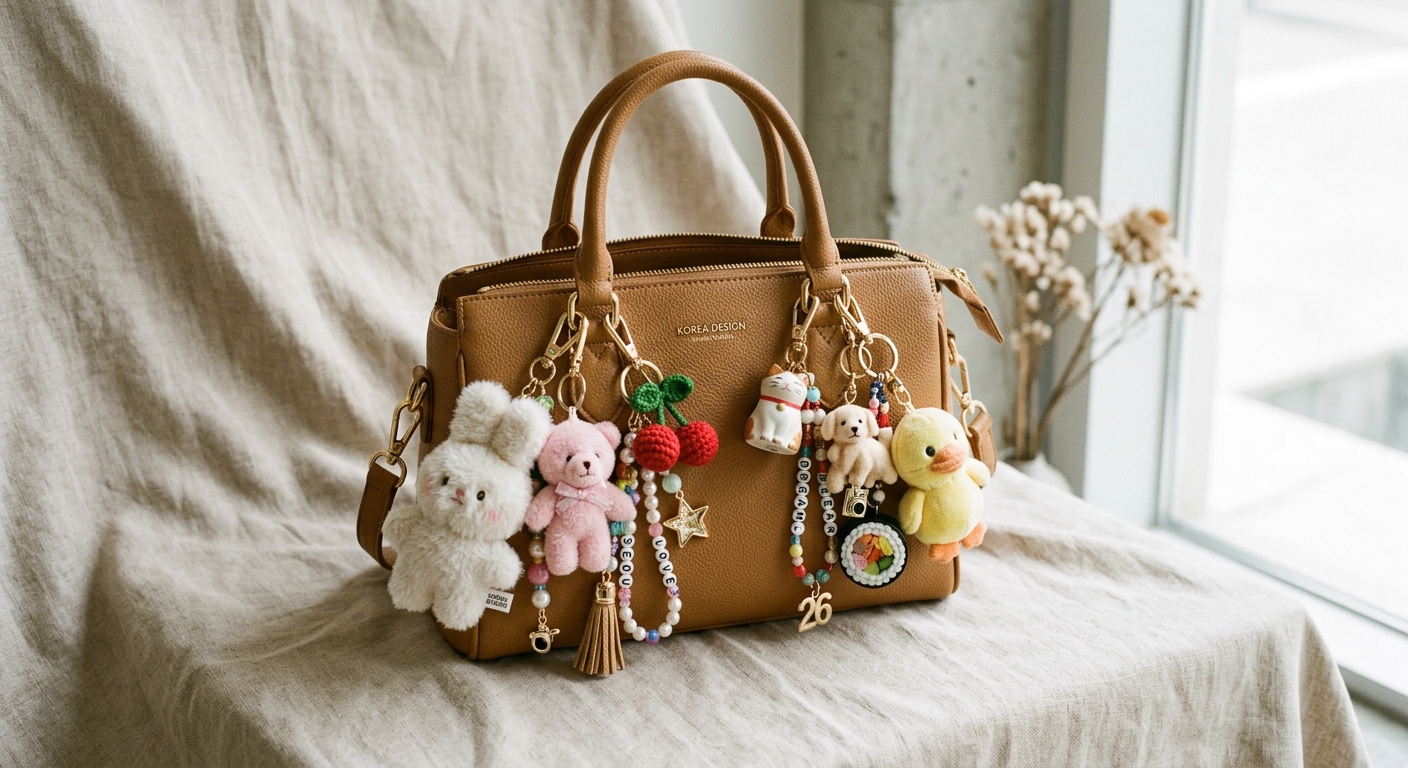 A close-up of a designer vegan leather handbag covered in multiple plush keychains and artisanal charms, showcasing the 