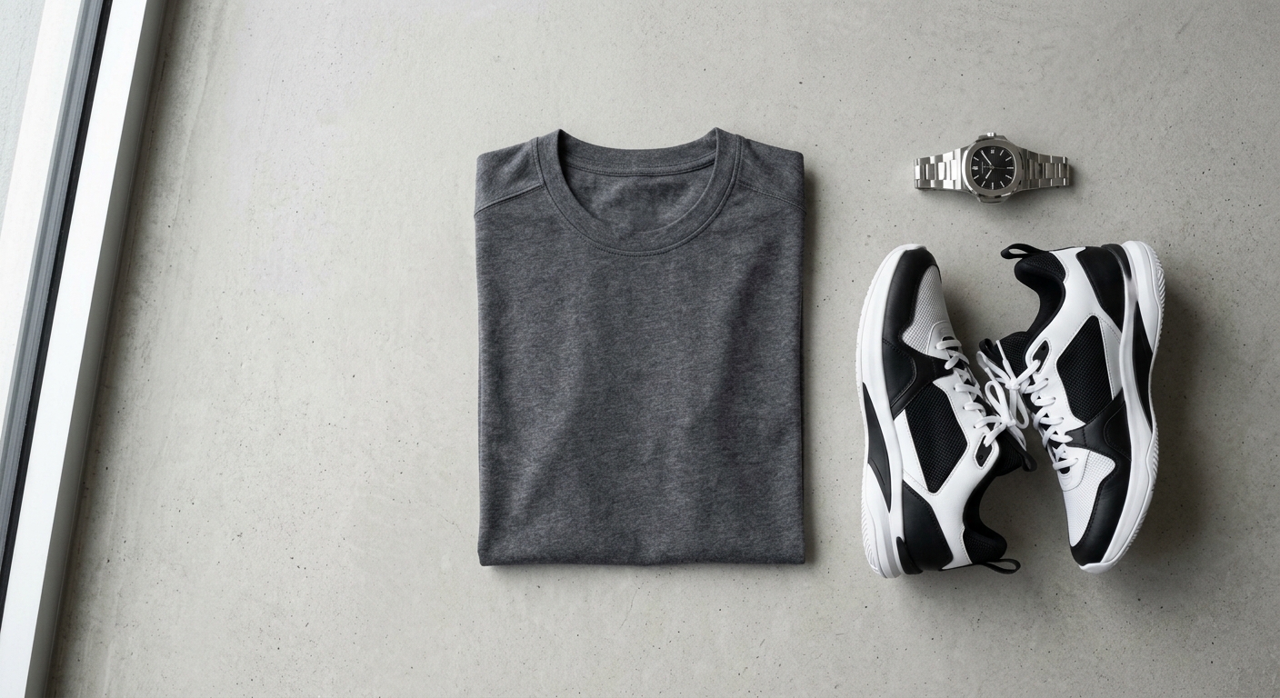 A stylish, minimalist flat-lay of a premium cotton t-shirt next to a pair of modern basketball sneakers and a designer w