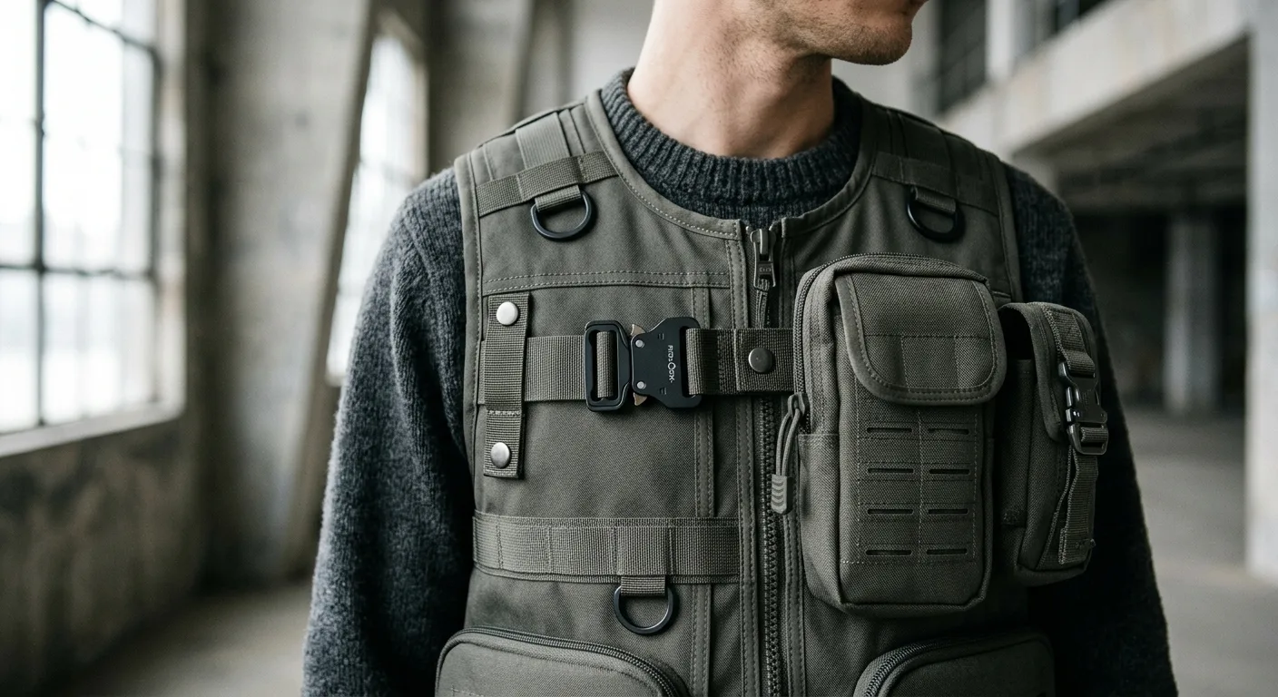 A close-up of a modular technical vest with detachable pockets and magnetic buckles, showcasing industrial-chic details.