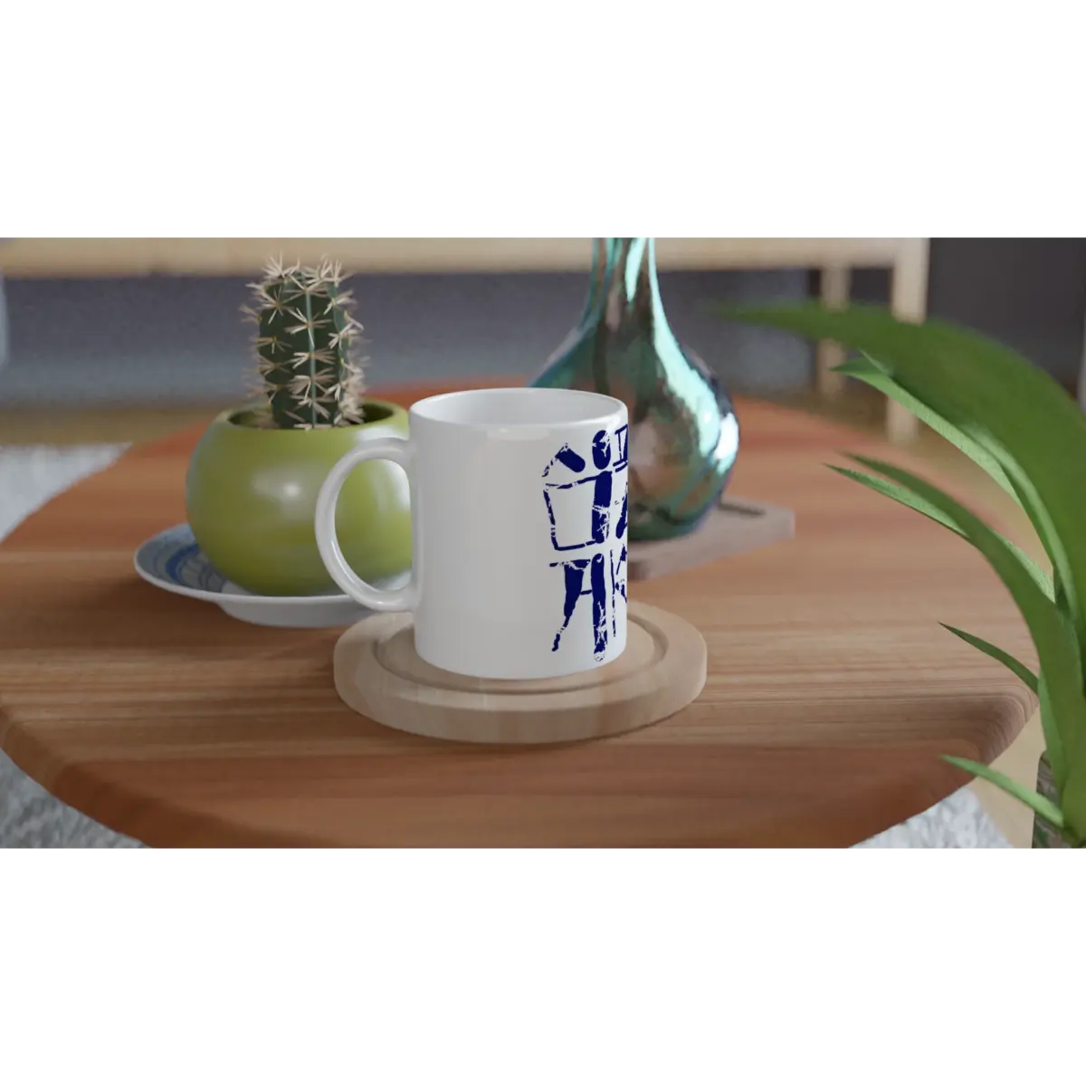 "Live Simply" Korean Calligraphy 11oz Ceramic Mug - White Glossy Coffee Cup with Colored Handle & Rim