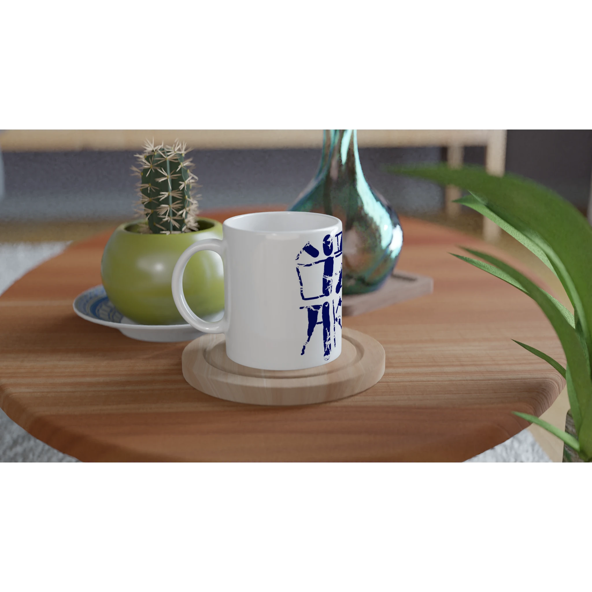 "Live Simply" Korean Calligraphy 11oz Ceramic Mug - White Glossy Coffee Cup with Colored Handle & Rim - Image 3