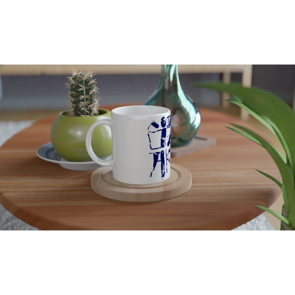 "Live Simply" Korean Calligraphy 11oz Ceramic Mug - White Glossy Coffee Cup with Colored Handle & Rim