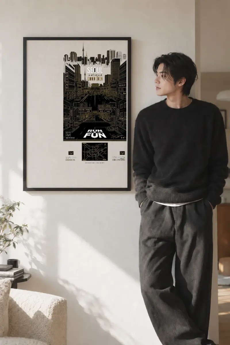 Seoul Gold Line Art Poster: City Vibe Edition Premium Wooden Framed Poster With Museum-Quality Matte Paper