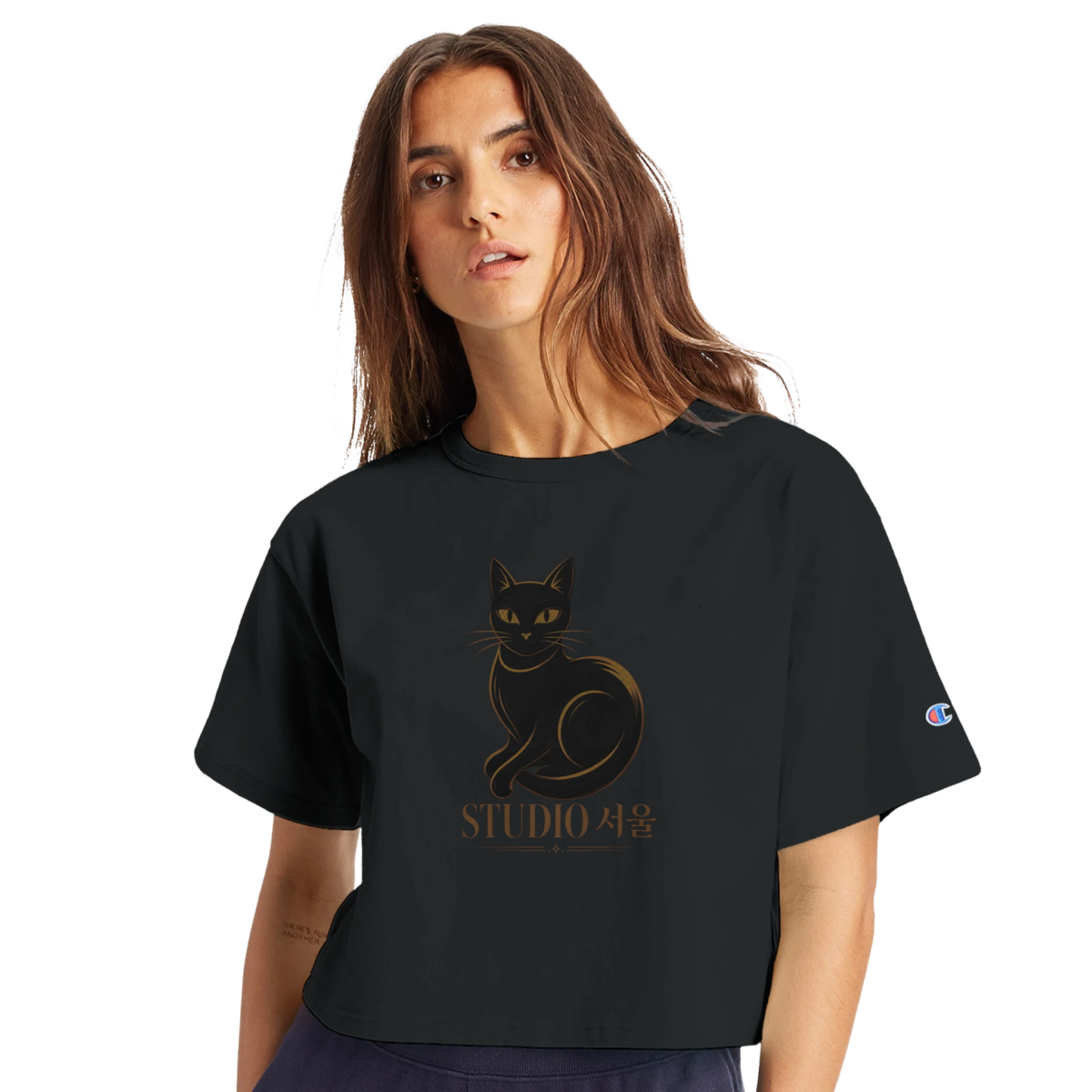 "Black cat" Women's Cropped Heritage Crewneck T-Shirt | Champion T453W