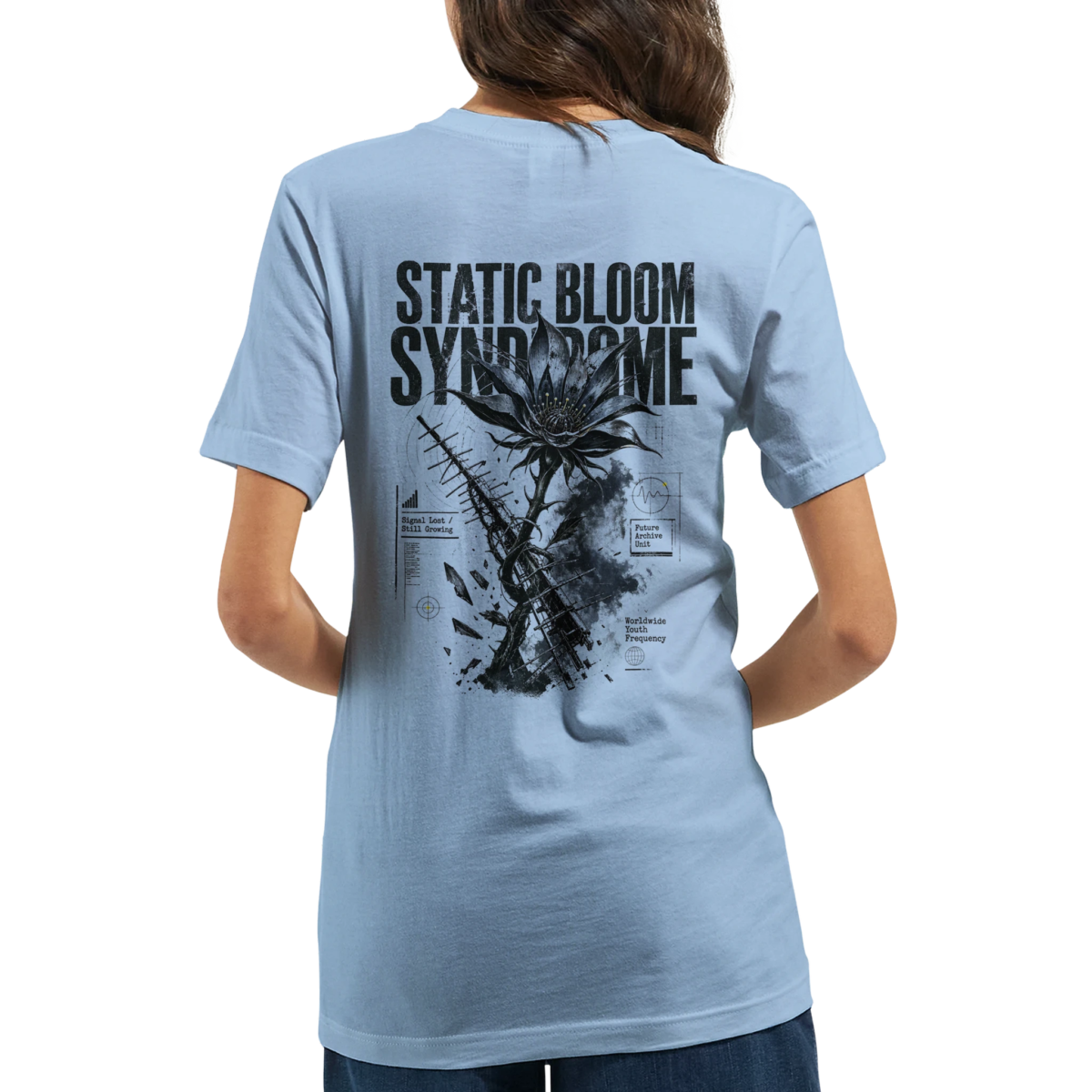 "Static bloom syndrome" Premium Unisex Crewneck T-shirt | Bella + Canvas 3001